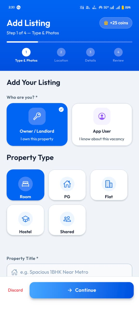 FlatFlick app Add Listing screen showing the four listing steps and property type options