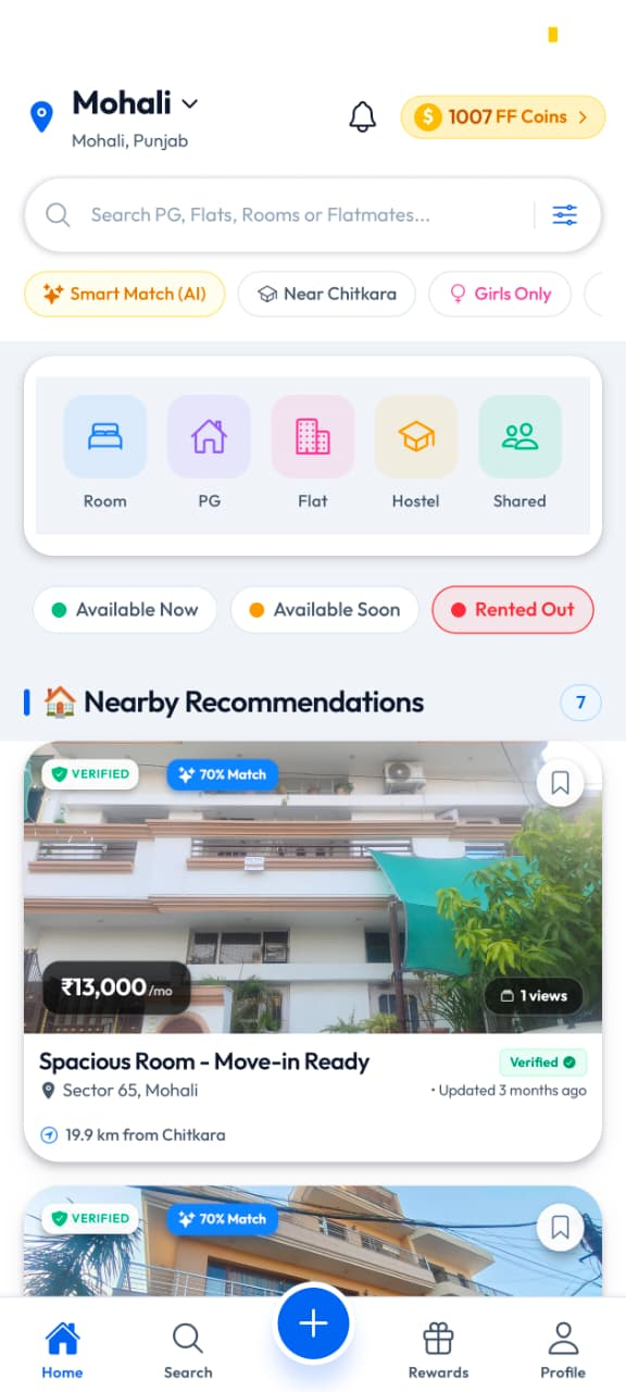 FlatFlick app home screen showing Mohali listings, Room, PG, Flat, Hostel and Shared categories and verified property cards