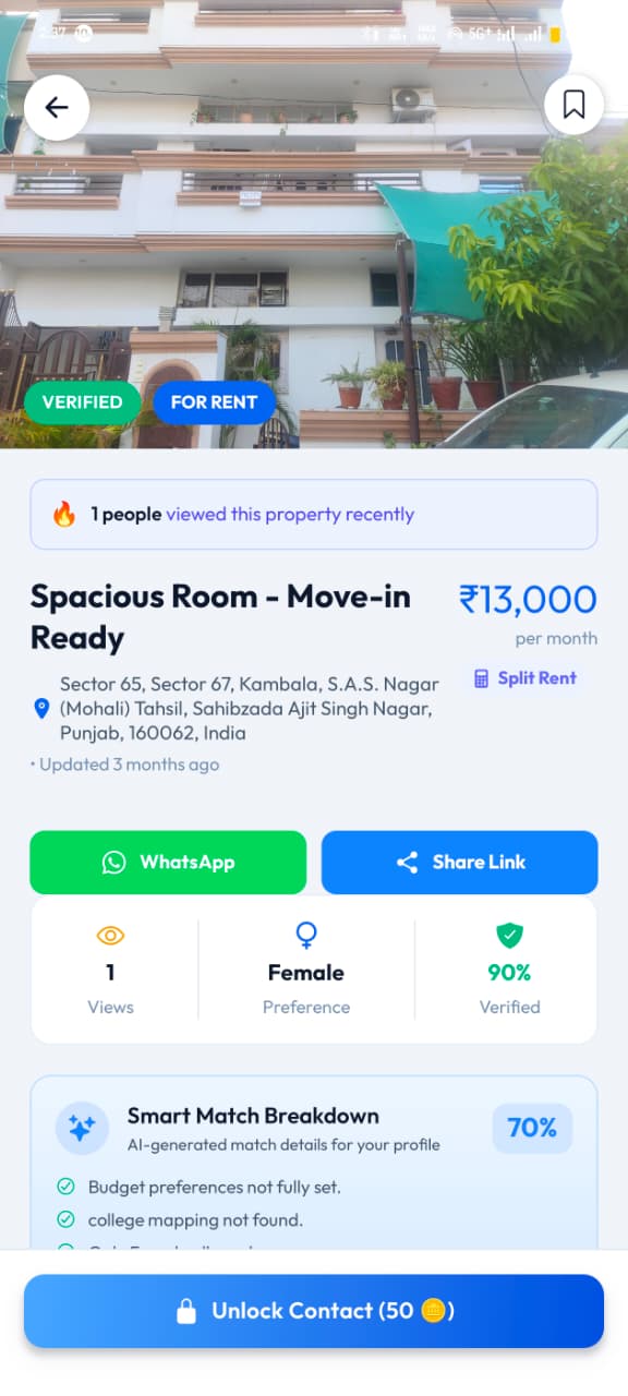 FlatFlick app property page showing a verified room in Sector 65 Mohali with monthly rent, WhatsApp and Share Link buttons and a Smart Match breakdown