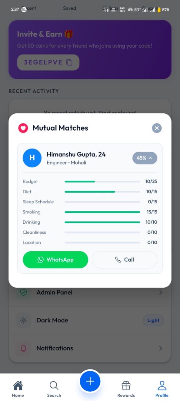 FlatFlick app Mutual Matches card showing a flatmate match percentage broken down by budget, diet, sleep schedule, smoking, drinking, cleanliness and location