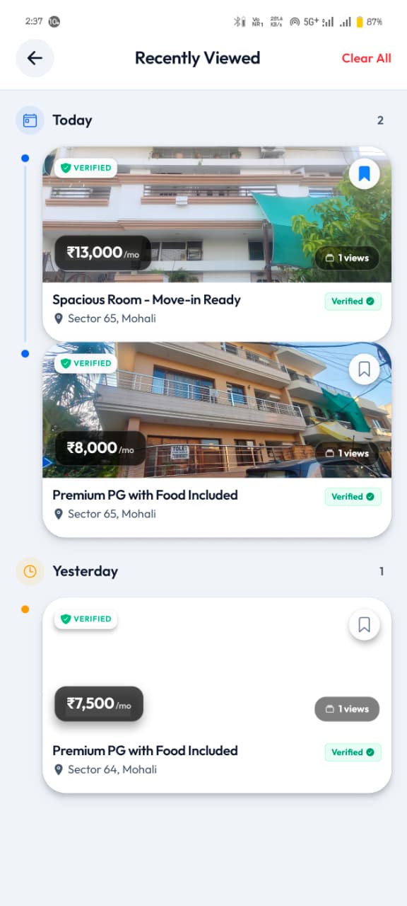 FlatFlick app Recently Viewed screen grouping properties seen today and yesterday