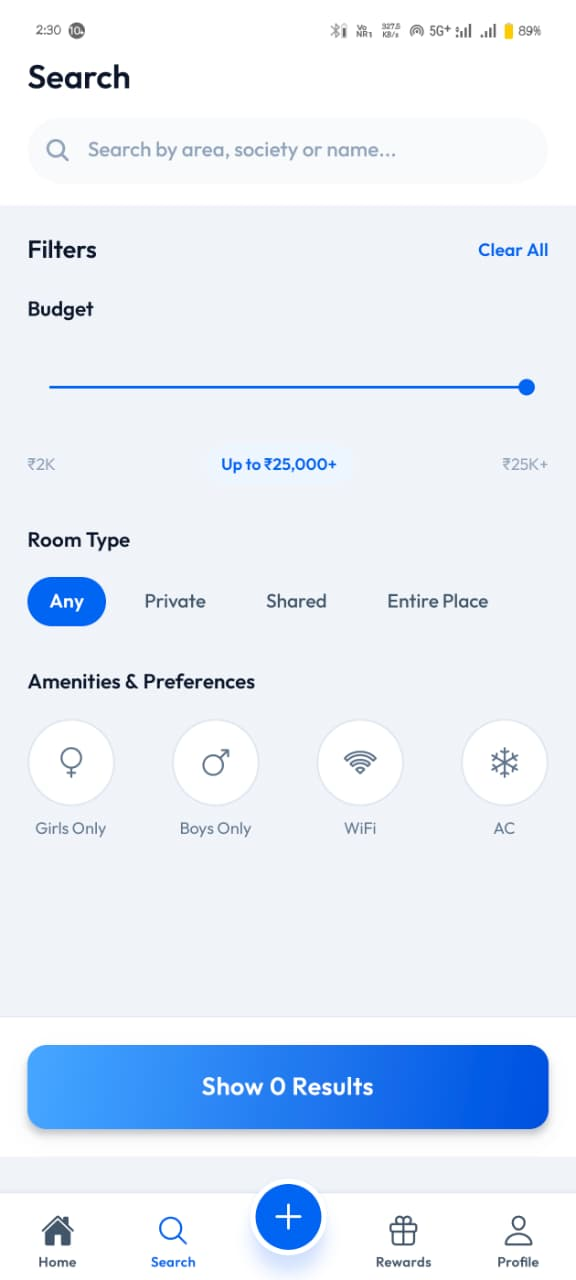 FlatFlick app search screen with budget, room type and amenity filters including Girls Only, Boys Only, WiFi and AC