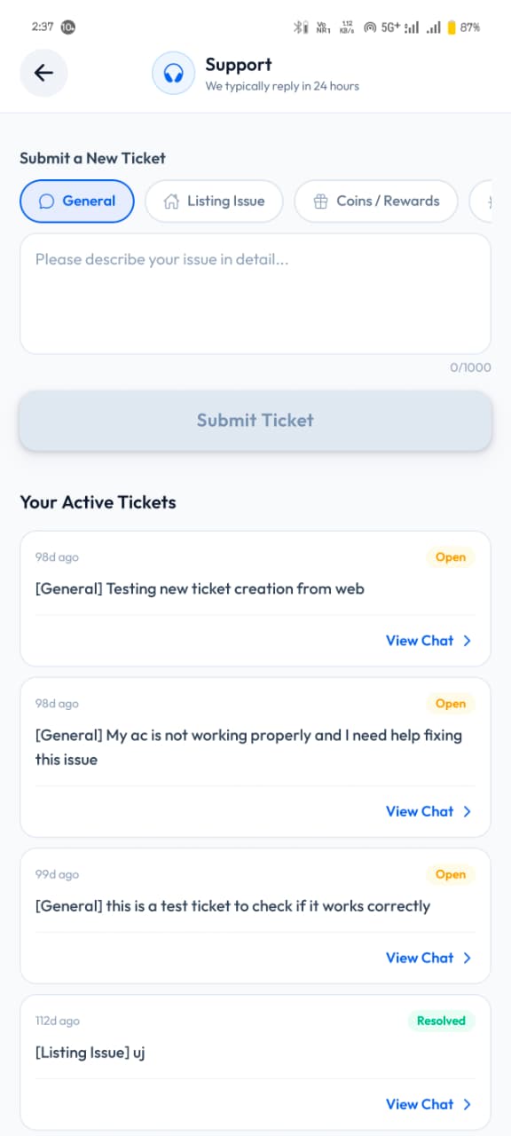 FlatFlick app Support screen with ticket categories, a message box and a list of active tickets